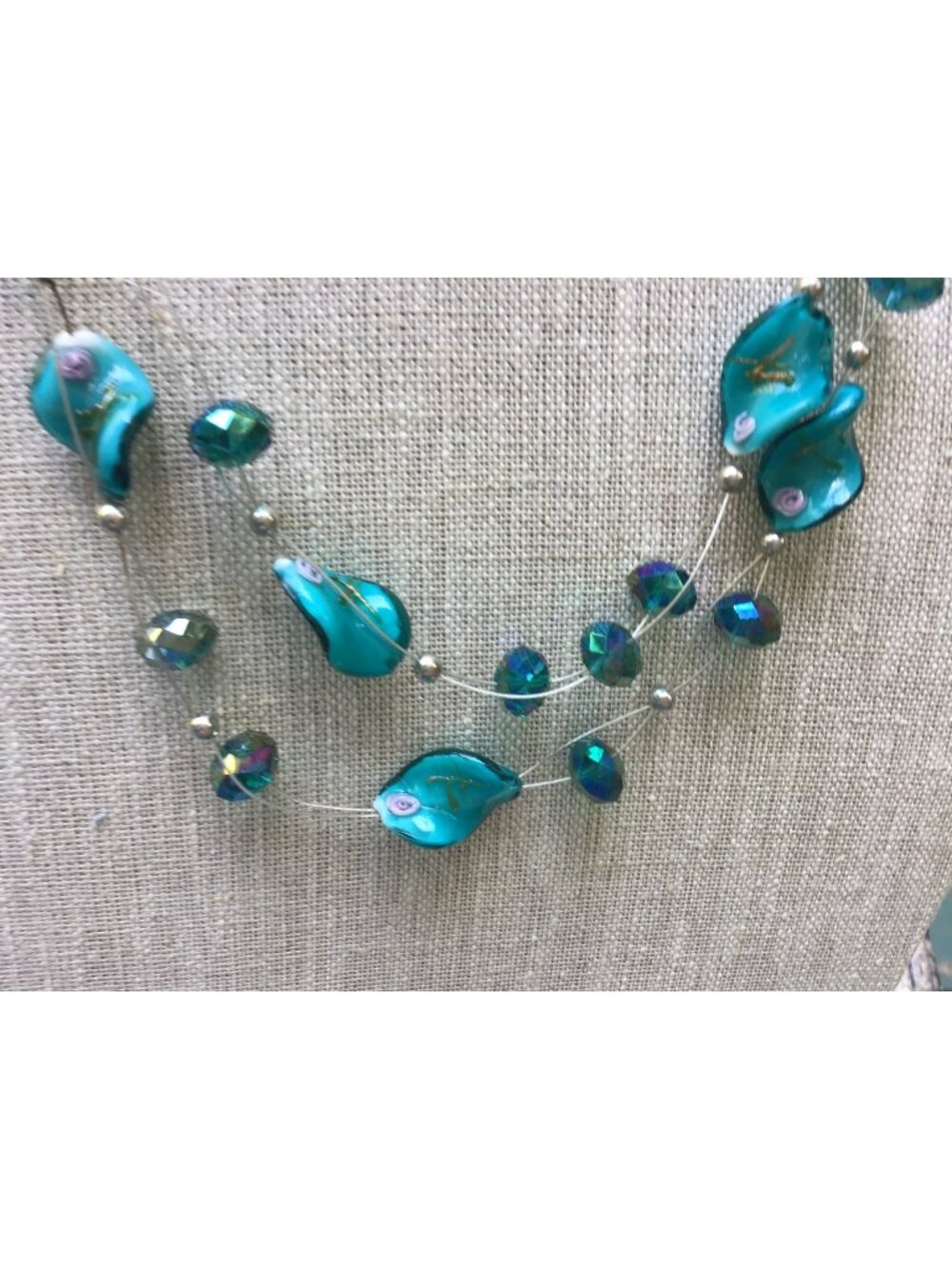 Two Strand Blue Glass Bead & Liquid Silver Necklace With Adjustable Clasp Irides